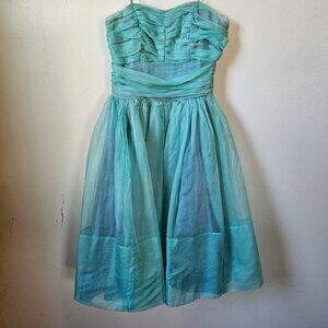 Vintage Jr. THeme 50s Blue Chiffon Gathered Full Dress Cocktail Prom Party XS